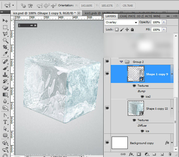 Ice cube 3D photoshop tools tutorial. 3D scene ice cube and cherry inside, ice txture effect in photoshop, ice reflection, 3D rendering, 3D light effects, realistic ice effectt, winterphotoshop  ideas
